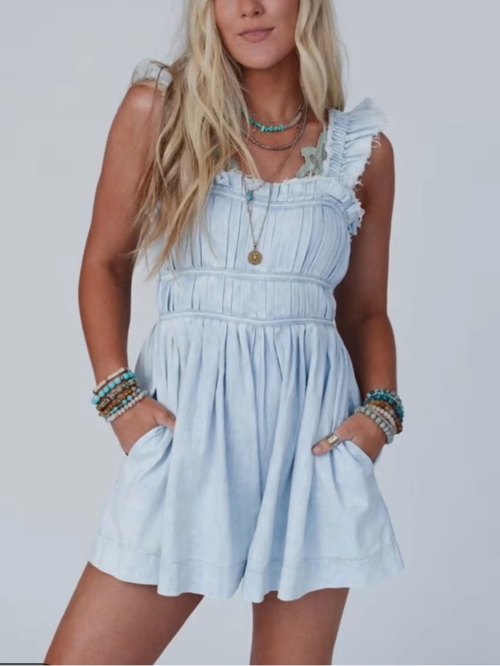 Altar'd State Light Blue Denim Romper with Ruffled Straps XS